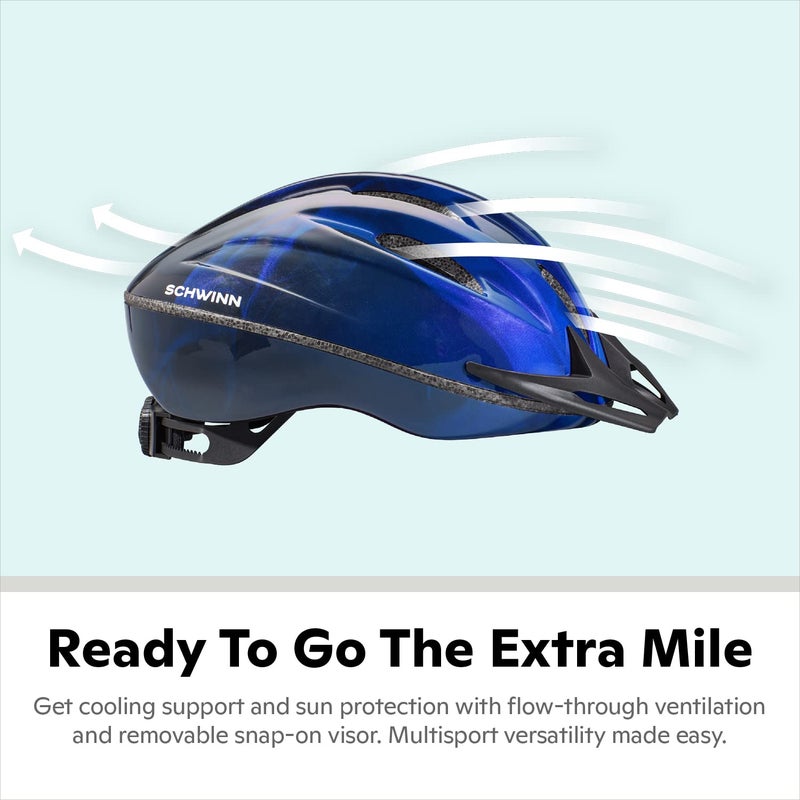 Schwinn Intercept Bike Helmet For Adult Men Women Ages 14 and Up, Can Fit Head Circumference 58-62 cm, With 10 Vents, Snap On/Off Visor, Adult Blue - Image 2